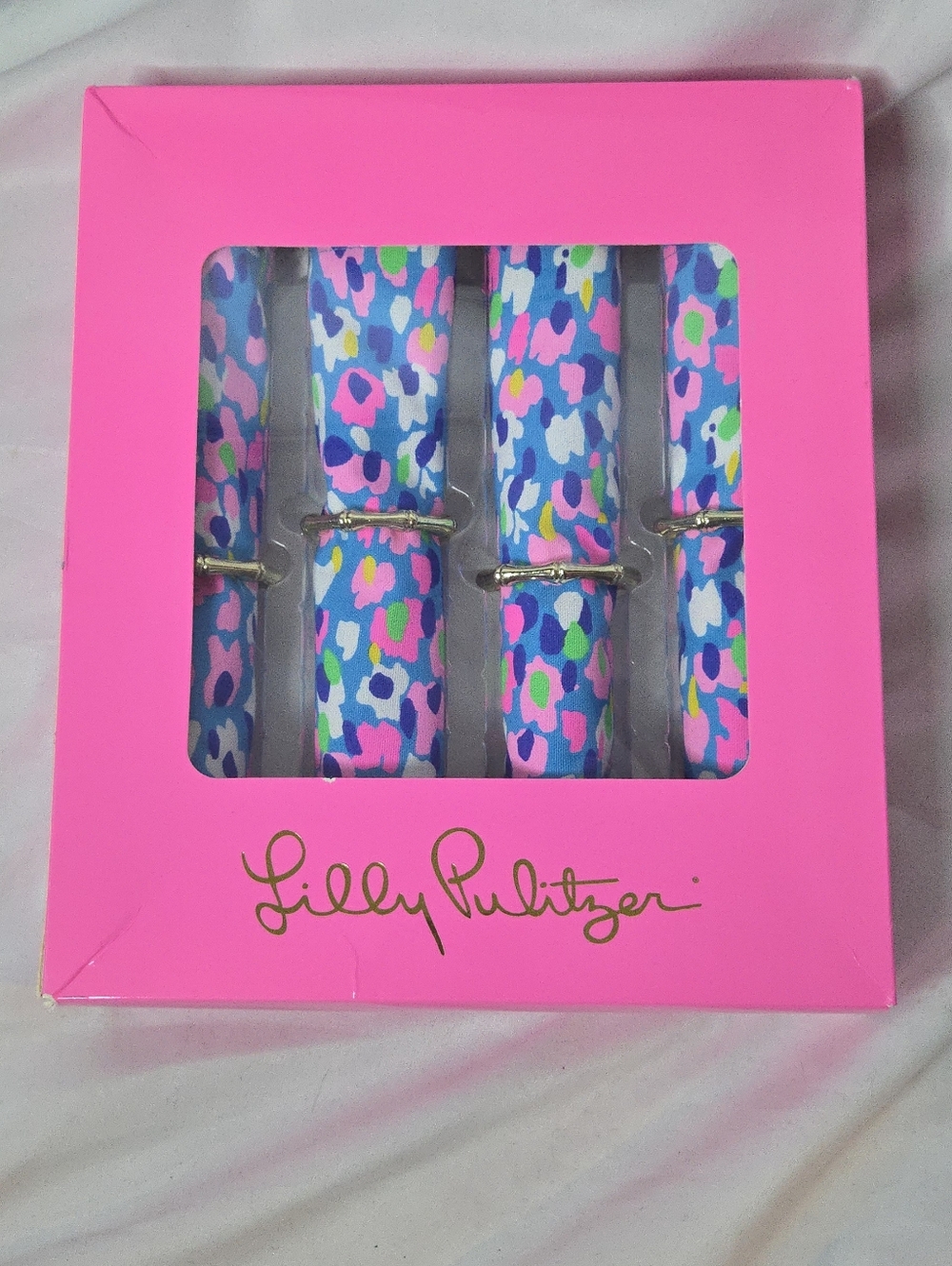NIB Lilly Pulitzer Hottie Dottie Multicolor Cotton Napkins Gold Rings 4 Pack